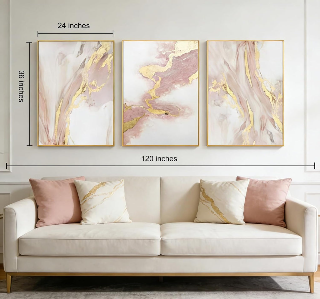 Large Pink Abstract Canvas Wall Art for Living Room-Gold Framed Abstract Oil Painting for Bedroom-3 Pieces Modern Pictures Wall Decer For Home Decor Ready to Hang 72x36 inches