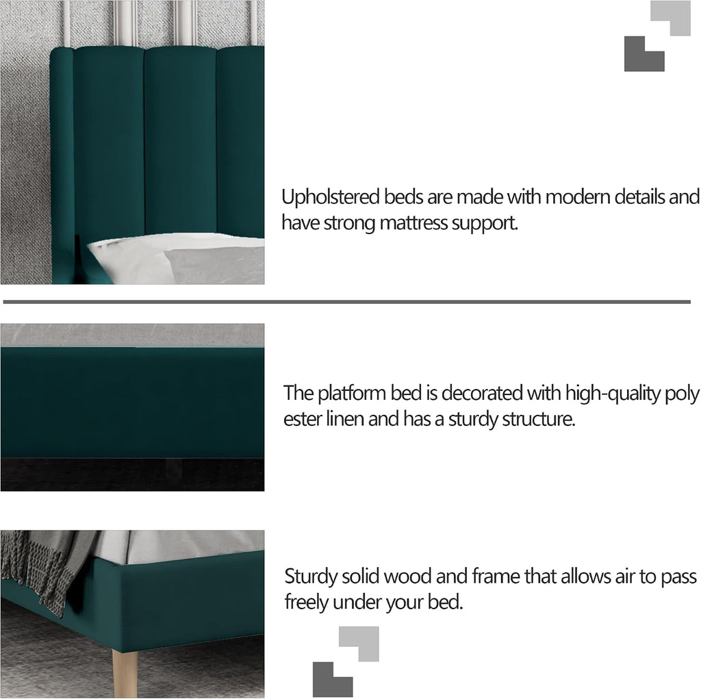 Twin Size Bed Frame with Headboard, Modern Upholstered Velvet Platform Bed, Heavy Duty Wooden Slats Support, No Box Spring Needed, Noise-Free & Easy Assembly, Green