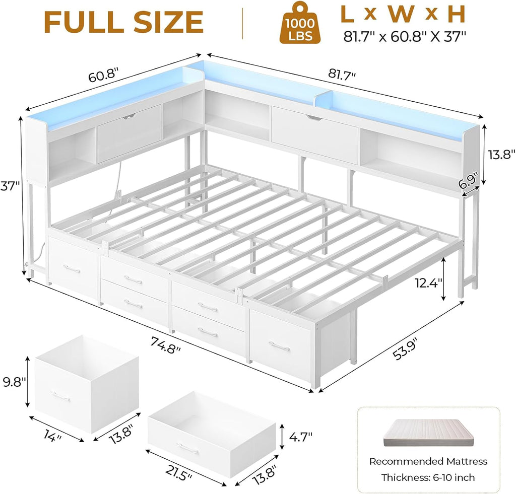 AOGLLATI Full Size Corner Bed Frame with 6 Storage Drawers and Bookcase Hidden Headboard, Full Bed Frame Metal Platform Daybed with Charging Station and LED Lights for Kids Teens, White