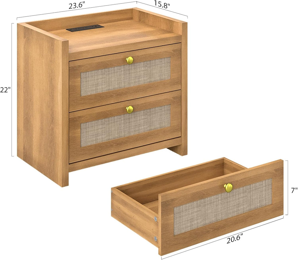 LubanNese 23.6' Nightstand, Boho Wooden Bedside Table with Charging Station for Bedroom, Farmhouse Rustic Large Wide Night Stands with 2 Soft Close Drawers, Oak