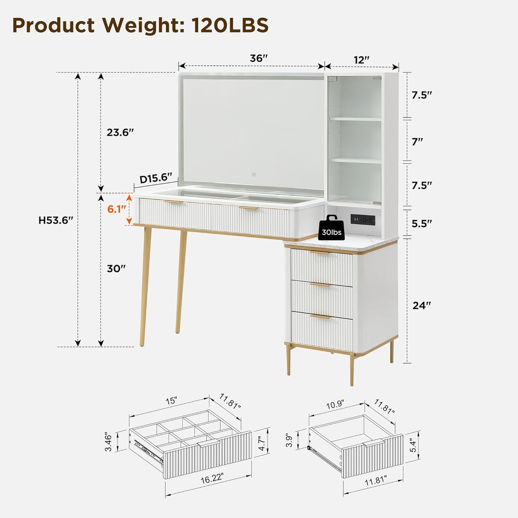 T4TREAM Fluted Makeup Vanity Desk with 36' HD Lighted Mirror, 48' Big Modern Vanity Desk with Mirror and Lights, Dressing Table with 5 Drawers & Shelves, Glass Top for Bedroom (Off White)