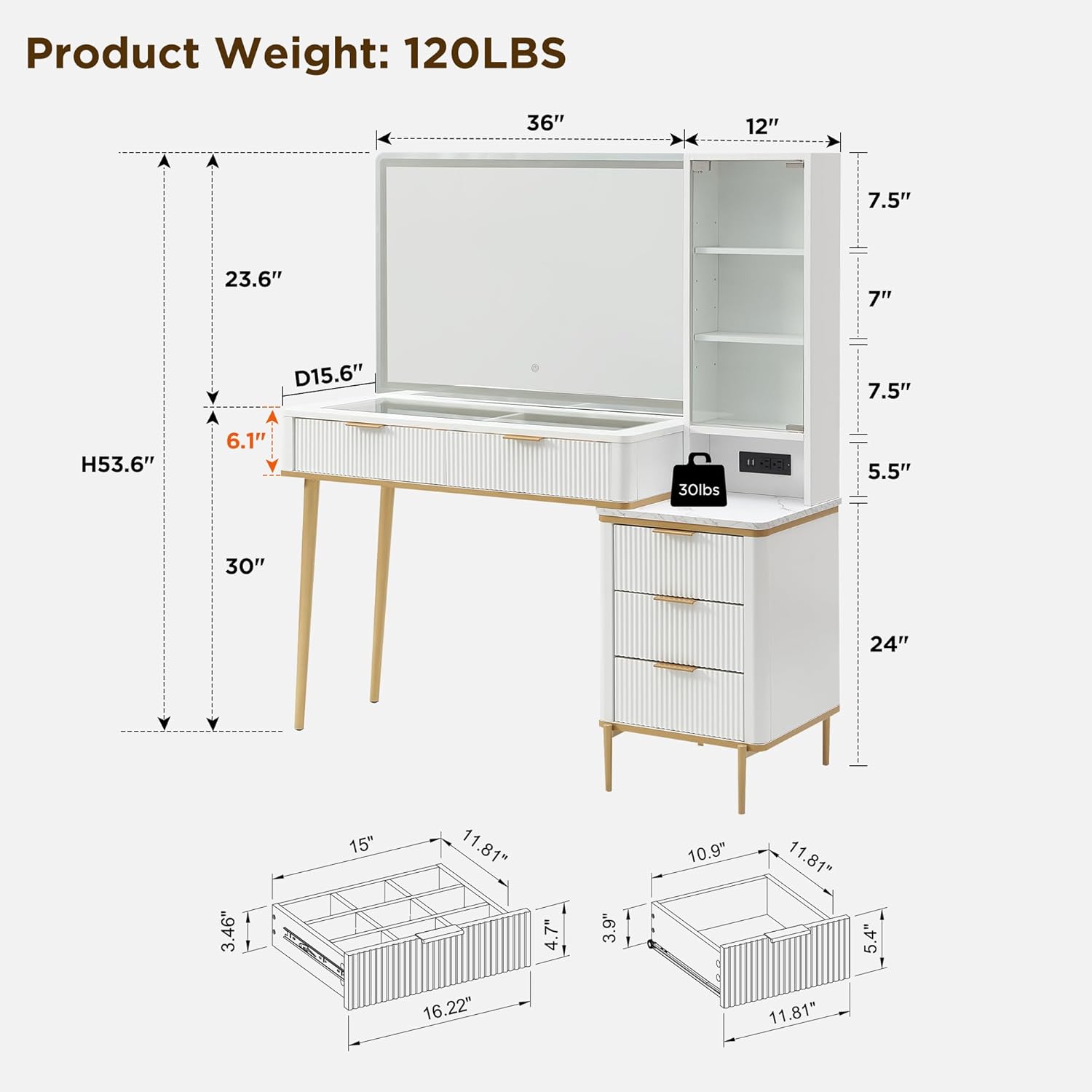 T4TREAM Fluted Makeup Vanity Desk with 36' HD Lighted Mirror, 48' Big Modern Vanity Desk with Mirror and Lights, Dressing Table with 5 Drawers & Shelves, Glass Top for Bedroom (Off White)