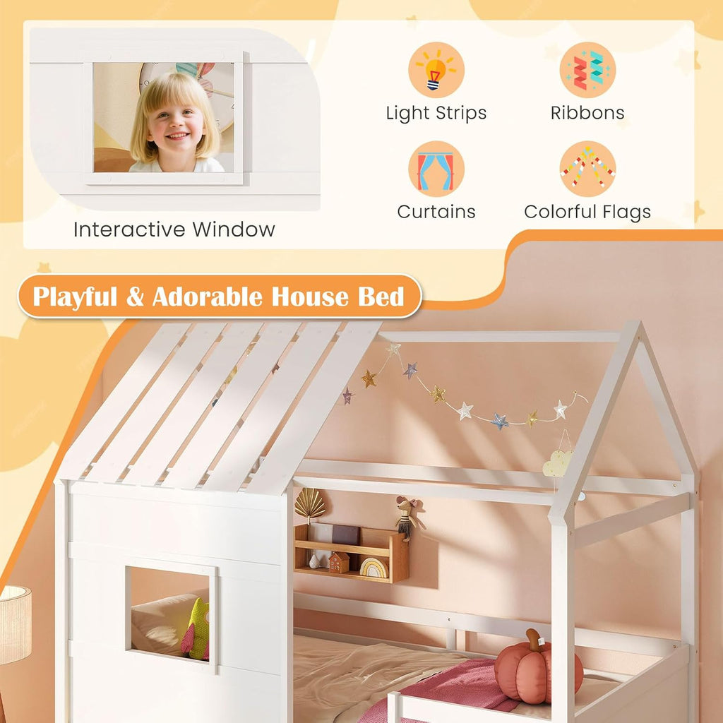 Giantex Twin Size House Loft Bed, Low Loft Bed with Roof, Window, LED Lights & Storage Bookshelf, Solid Wood Bedframe w/Ladder, Safety Guardrail, Under-Bed Play Space for Kids Boys Girls, White