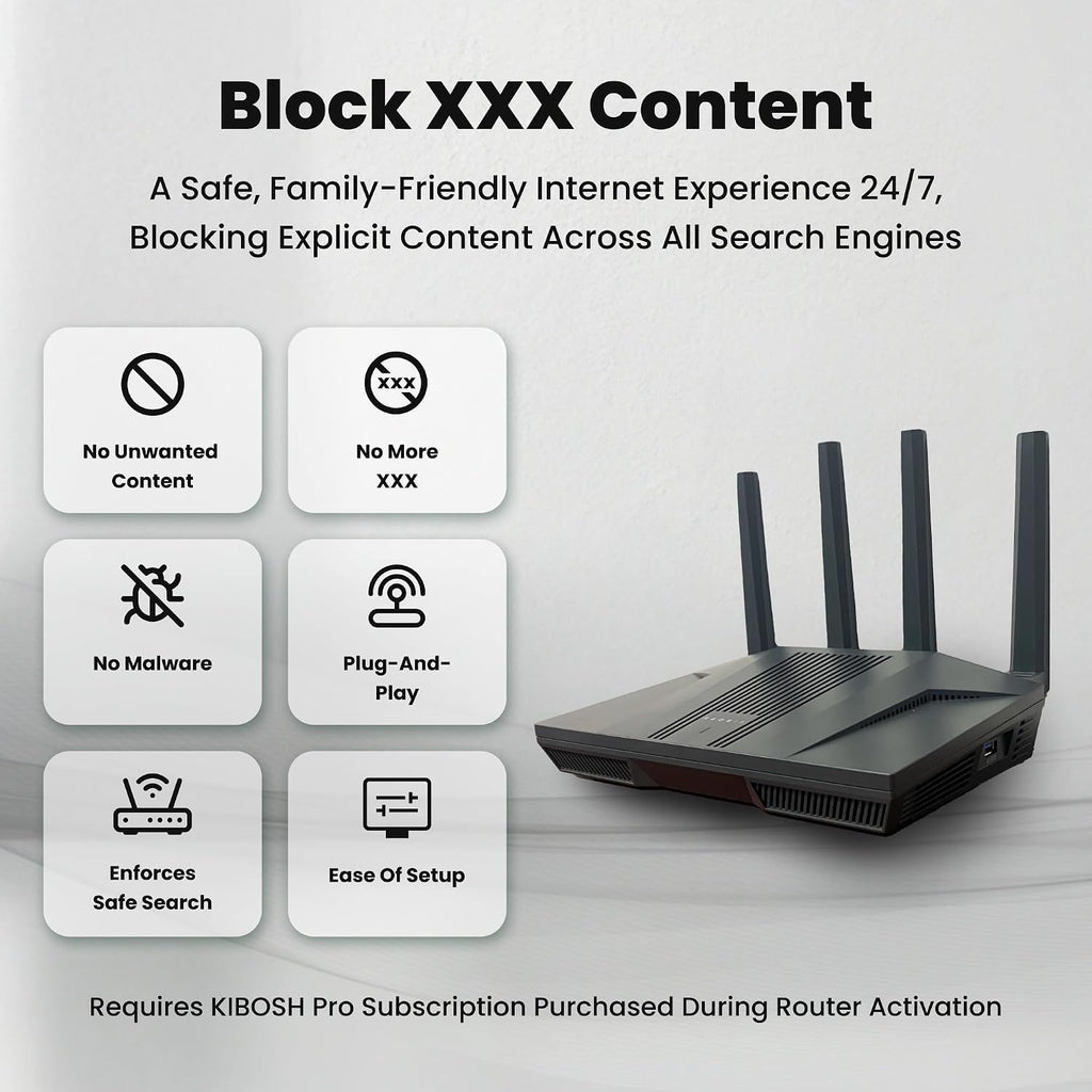 Kibosh 3.0 Family Internet & Advanced Parental Controls Now w/t Mobile (iOS/Android) - Malware, Bandwidth, GPS, History, SafeSearch. Powerhouse WiFi 6 Router w/t Quad-core CPU + 2.5G WAN/LAN!