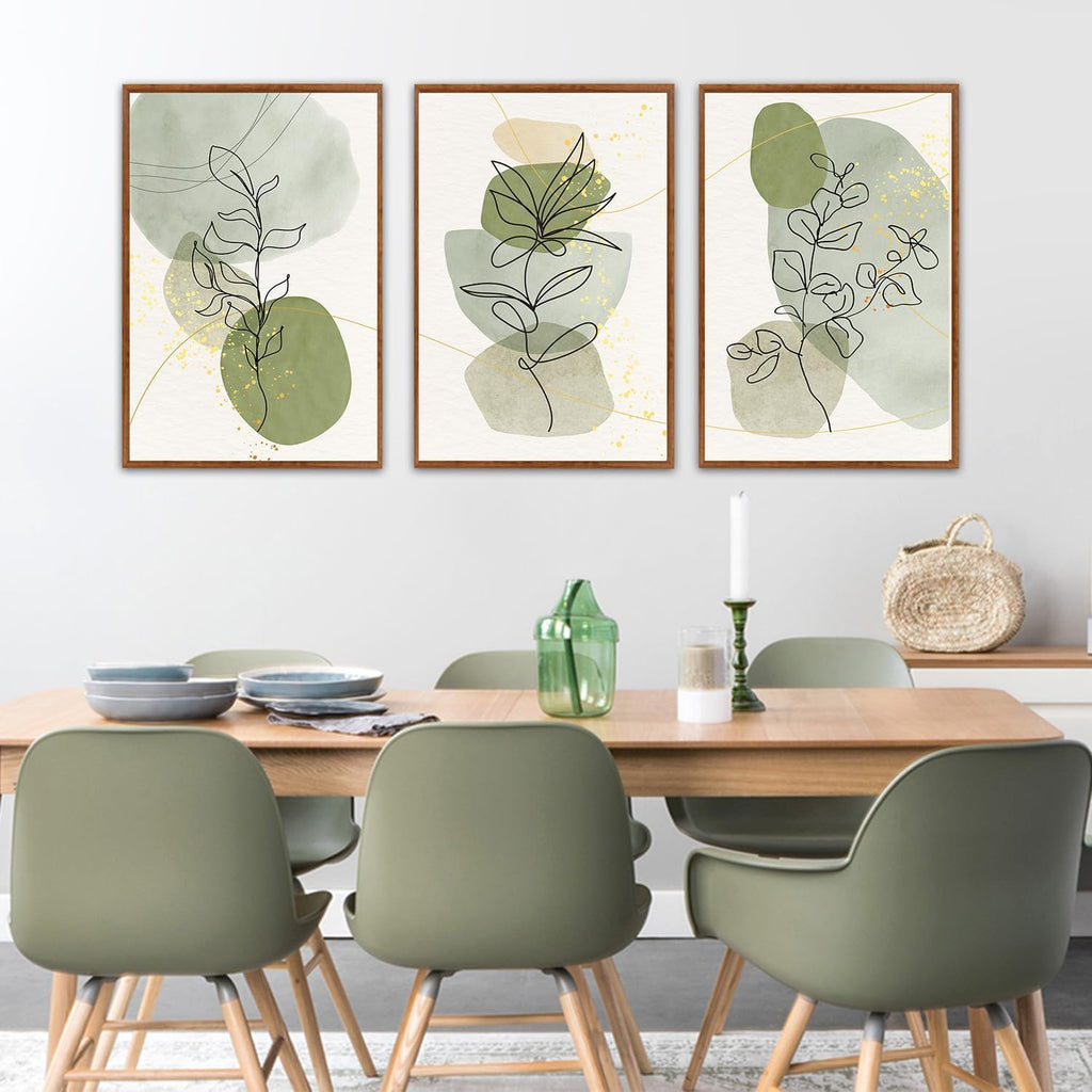 KAlRNE Boho Botanical Framed Canvas Wall Art Set of 3(24'X36'),Abstract Sage Green Wall Decor,Minimalist Watercolor Picture,Modern Geometric Black Line Art Prints For Living Room Bedroom Office