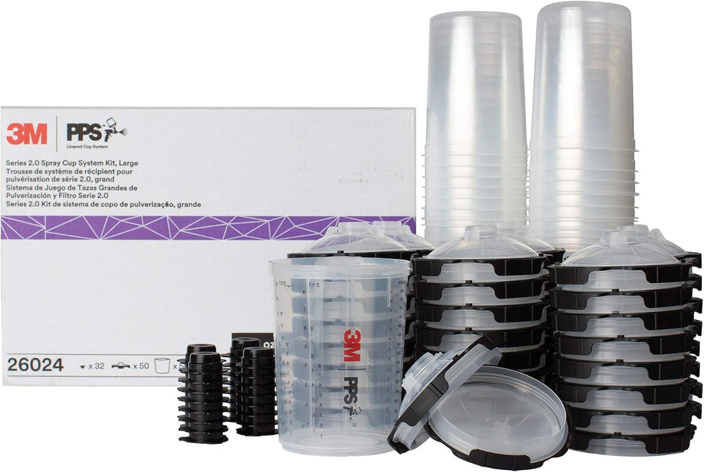 3M PPS 2.0 Spray Gun Cup, Lids and Liners Kit, 26024, Large, 28 Ounces, 200-Micron Filter, Use for Cars, Furniture, House and More, 1 Paint Cup, 50 Disposable Lids and Liners, 32 Sealing Plugs