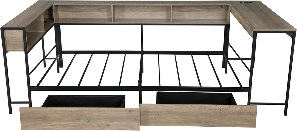 Full Corner Bed Frame with Desk and Storage Bookcase, L- Shaped Daybed with 2 Drawers, LED Lights & 2 Charging Station, Modern Metal Full Size Platform Bed for Kids/Teen Bedroom, Brown