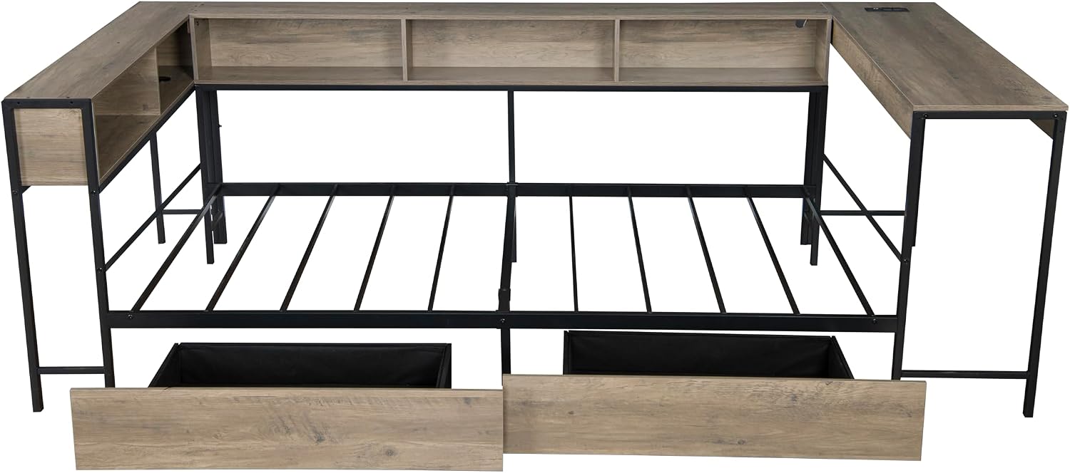 Full Corner Bed Frame with Desk and Storage Bookcase, L- Shaped Daybed with 2 Drawers, LED Lights & 2 Charging Station, Modern Metal Full Size Platform Bed for Kids/Teen Bedroom, Brown
