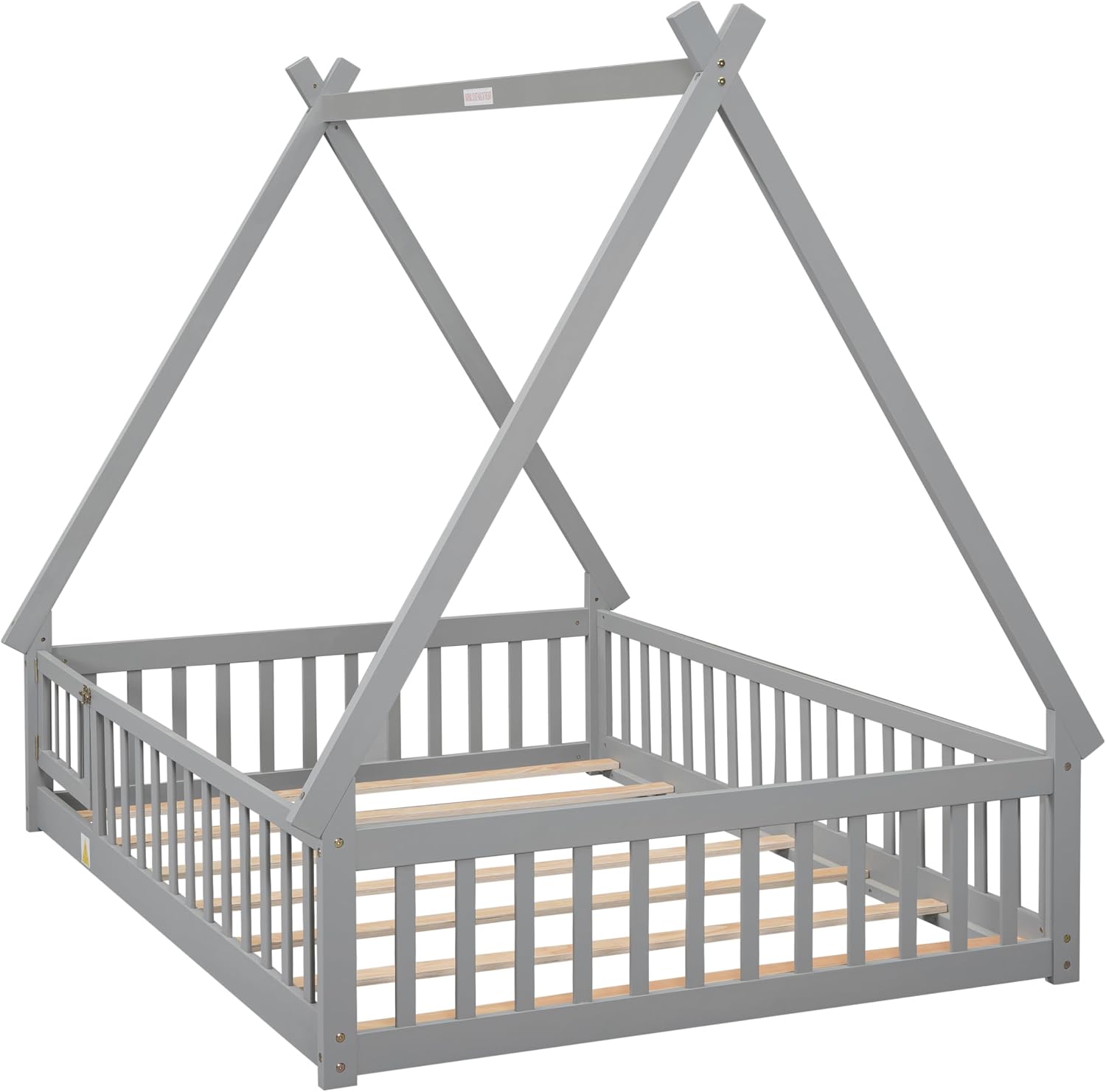 JIVOIT Full Size Tent-Shaped Floor Bed with Door, House Platform Bed Tent Bed Frame with Fence-Shaped Guardrails and Wood Slats Support, Wood Floor Play House Bed for Kids Boys Girls Teens (Gray,2)