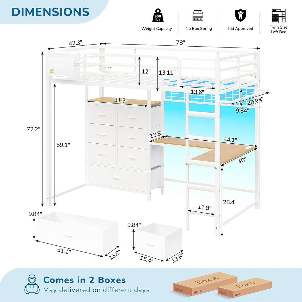 Twin Loft Bed with L-Shaped Desk, 7 Storage Drawers, Metal Loft Bed Twin Size with LED Lights and Charging Station, Storage Shelf and Pegboard, Safety Guardrail and Ladder, No Box Spring Needed, White