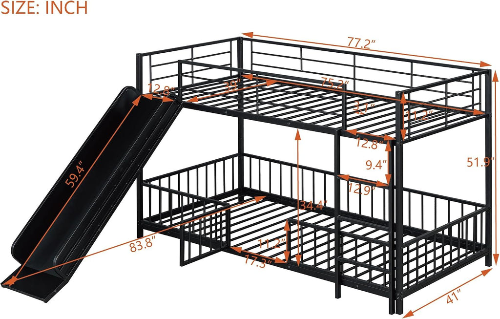 JIVOIT Metal Bunk Bed Frame with Slide and Ladder, Twin Over Twin Size Bunk Bed with Metal Slats Support, Heavy Duty Metal Low Bunk Bed, No Box Spring Needed (Black,Twin,09)