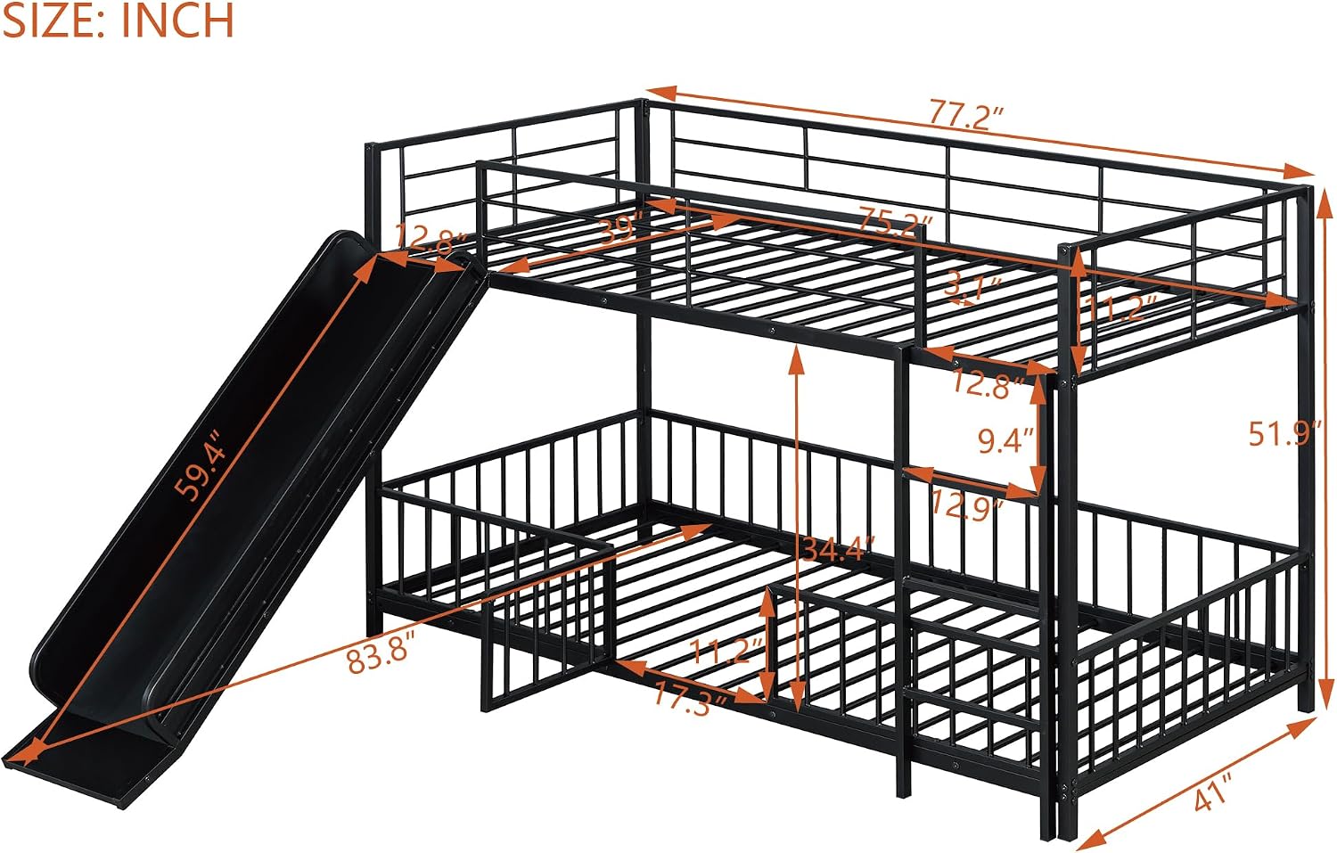 JIVOIT Metal Bunk Bed Frame with Slide and Ladder, Twin Over Twin Size Bunk Bed with Metal Slats Support, Heavy Duty Metal Low Bunk Bed, No Box Spring Needed (Black,Twin,09)
