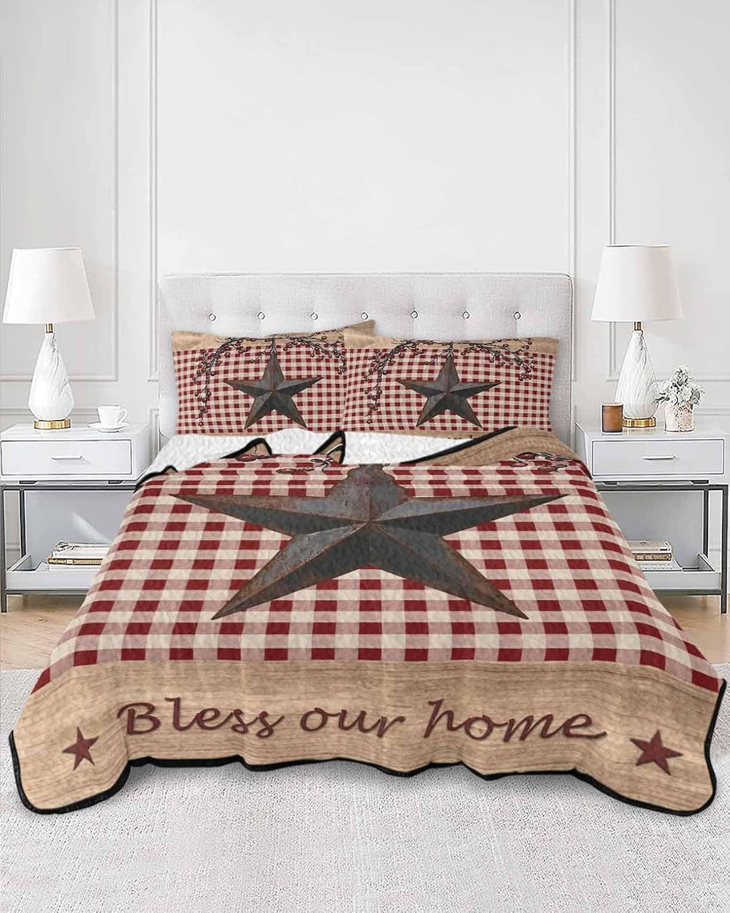 Quilt King Size Bedding Set, Texas Star Farmhouse Lightweight Summer Quilt 3 Pieces Bedding Sets, Rustic Red Plaid Berry Wooden Reversible Soft Bedspreads Coverlets with 2 Pillow Shams for All Season