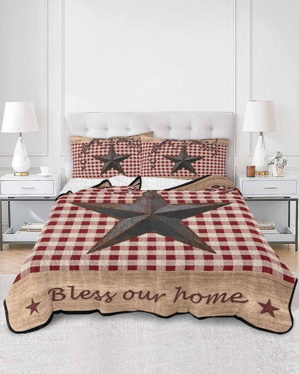Quilt King Size Bedding Set, Texas Star Farmhouse Lightweight Summer Quilt 3 Pieces Bedding Sets, Rustic Red Plaid Berry Wooden Reversible Soft Bedspreads Coverlets with 2 Pillow Shams for All Season