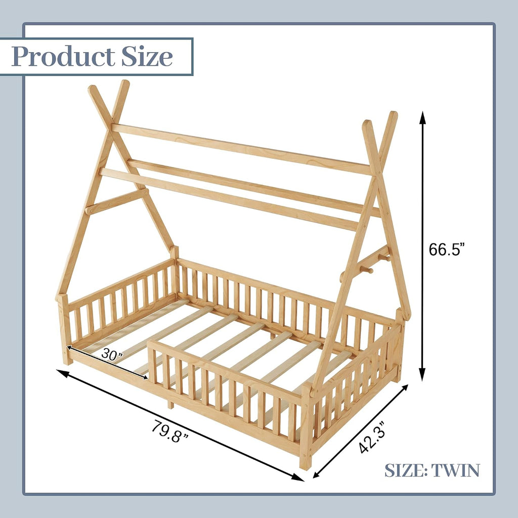 Twin Montessori Kids Floor Bed with Rails and LED Light, Low Twin Beds Frame with Fence and Removable Roof, Wood Montessori Floor Bed Frame for Kids, Girls, Boys, Natural