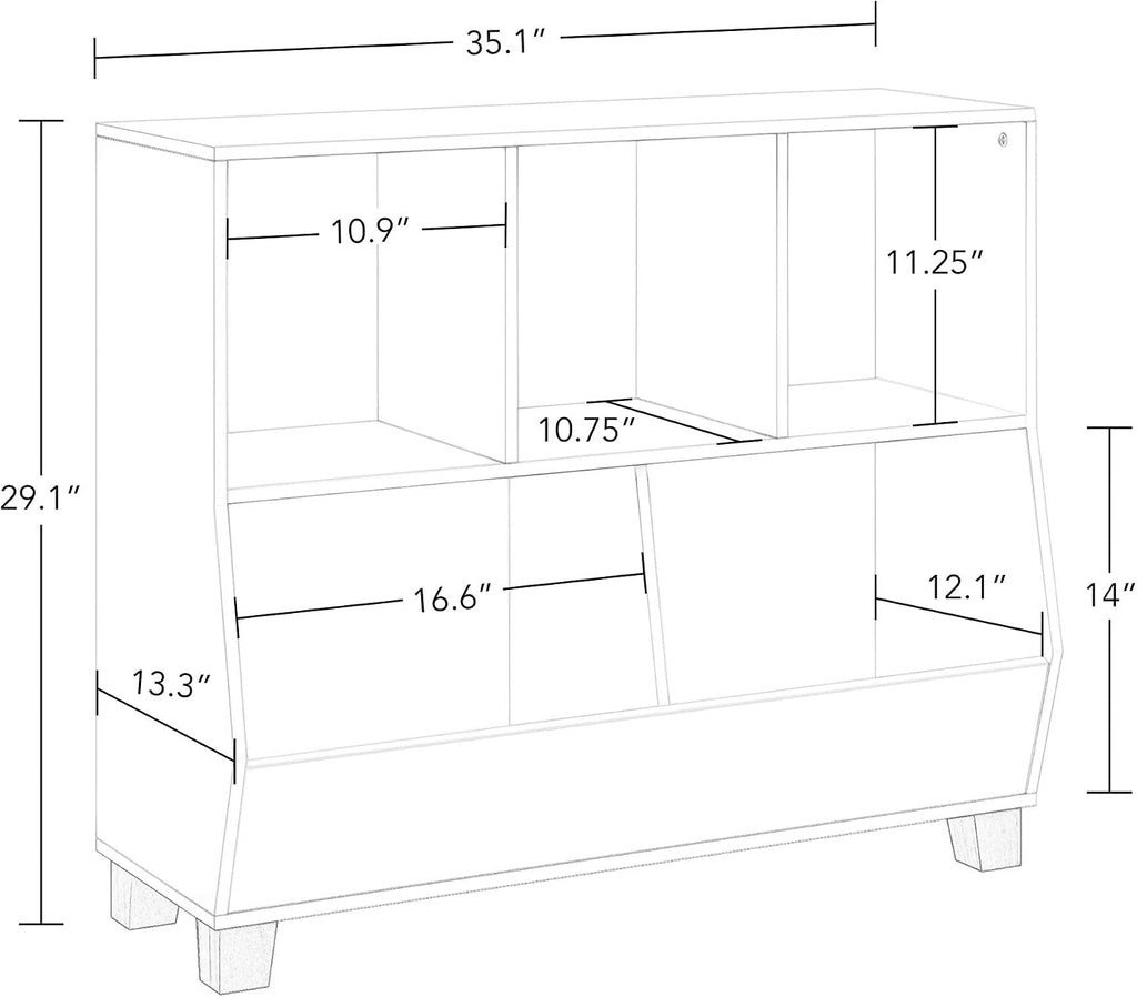 RiverRidge Catch-All Kids Toy Storage Organizer with 3 Cubbies and 2 Storage Bin Compartments - 35 Inch Wide White and 2 Blue Fabric Bins Kids Room Decor Toy Organizers and Bins