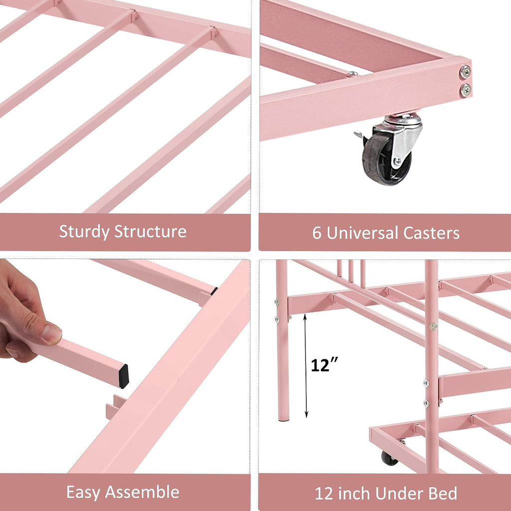 GarveeHome Daybed with Trundle, Sturdy Metal Day Bed with Steel Slat Support, Trundle Bed Twin with Arched Headboard, SofaBed for Living Room, Bedroom and Guest Room, Pink