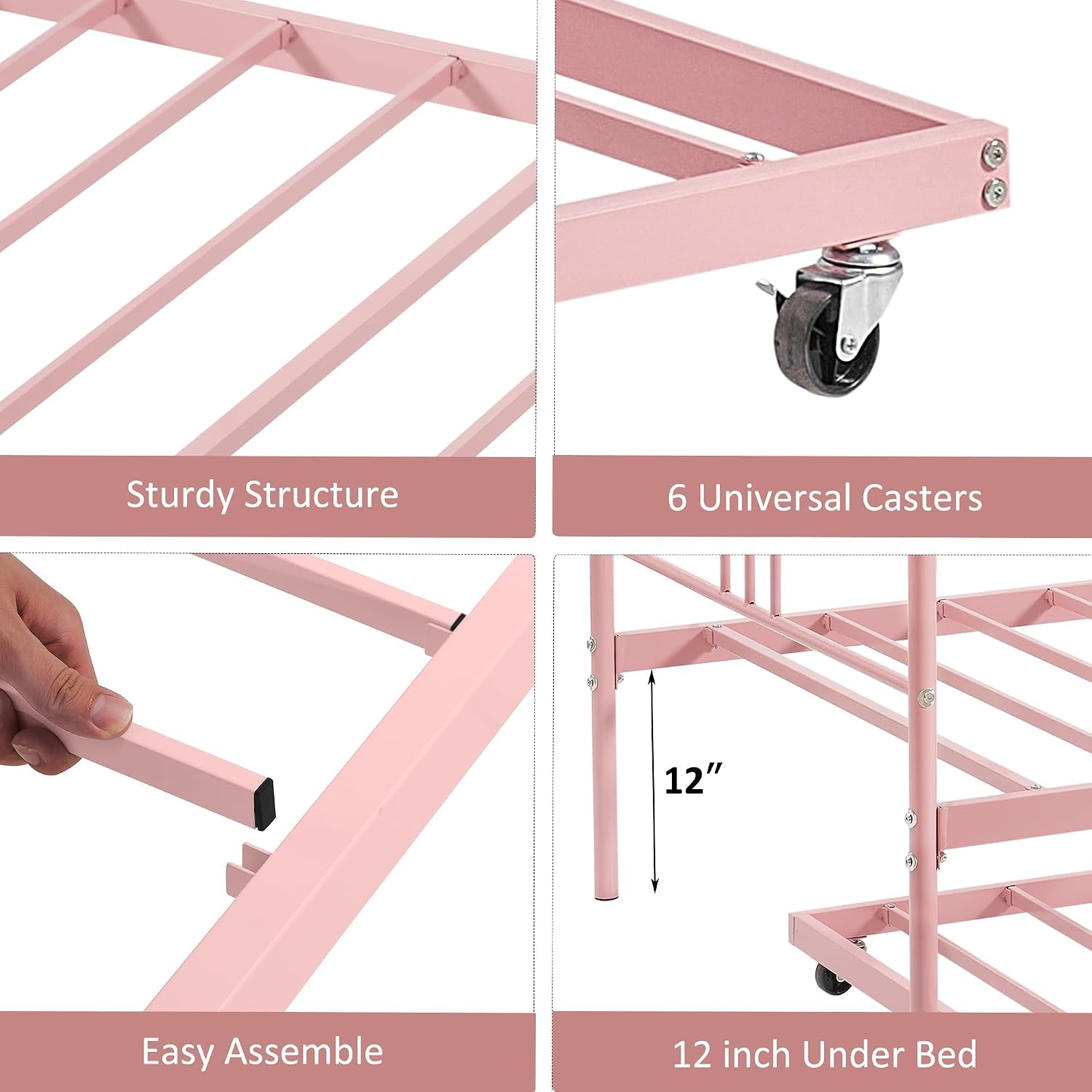 GarveeHome Daybed with Trundle, Sturdy Metal Day Bed with Steel Slat Support, Trundle Bed Twin with Arched Headboard, SofaBed for Living Room, Bedroom and Guest Room, Pink