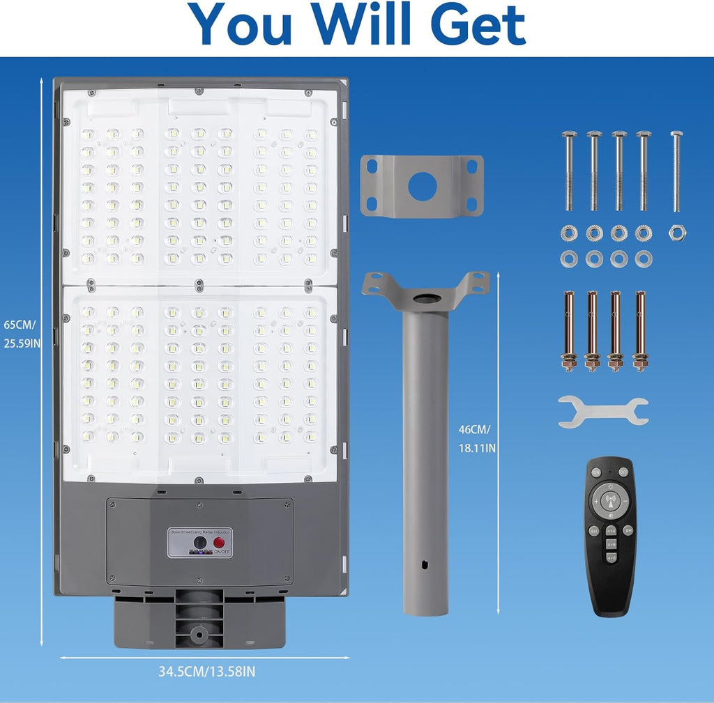 10500W Solar Street Lights Outdoor, 650000LM 7000K Solar Parking Lot Lights Dusk to Dawn 40000mAh IP67 Waterproof Pole Security Flood Lamps with Motion Sensor and Remote for Yard, Garage, Driveway