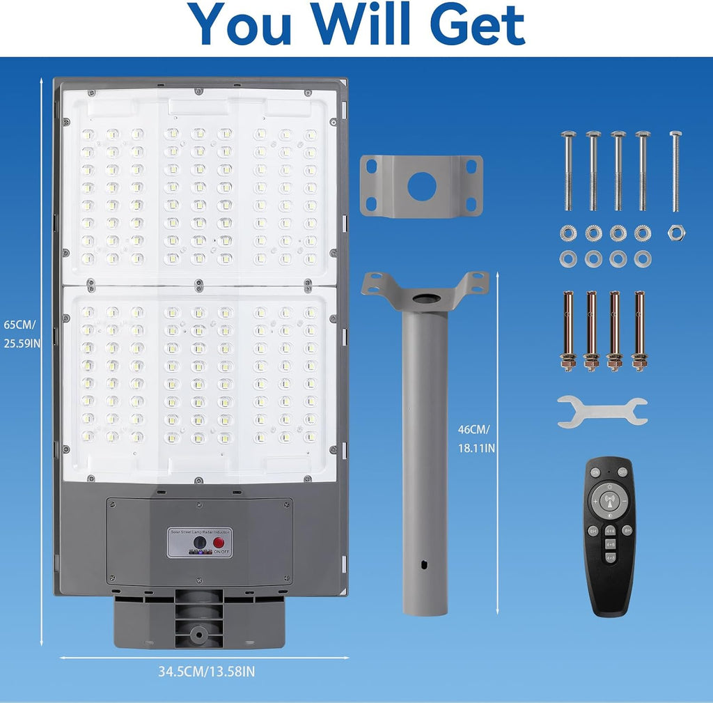 2PCS 10500W Solar Street Light, 650000LM 7000K Commercial Solar Parking Lot Light Dusk to Dawn, IP67 Waterproof with Motion Sensor & Remote, Ideal for Farm Ranch Driveway Yard Garage Small Business