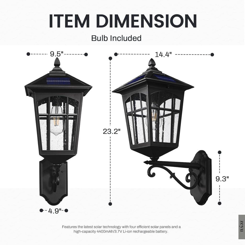 zeyu Solar Outdoor Front Porch Light, Large Outdoor Wall Mounted Light with Remote, Die-Cast Aluminum with Seeded Glass Shade, Black Finish, ZYX113B-M SL BK