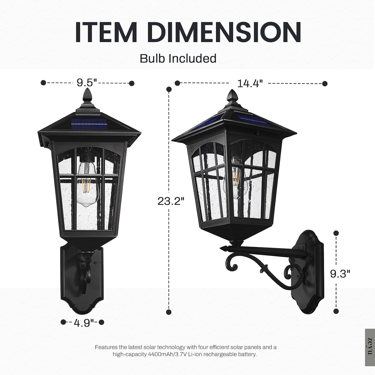 zeyu Solar Outdoor Front Porch Light, Large Outdoor Wall Mounted Light with Remote, Die-Cast Aluminum with Seeded Glass Shade, Black Finish, ZYX113B-M SL BK