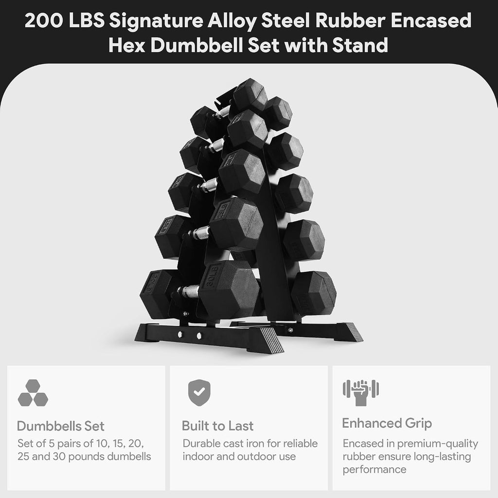 BalanceFrom Rubber Coated Hex Dumbbell Set with A-Frame Rack, Black – Solid Cast Iron Home Gym Weights with Chrome Handles for Full-Body Strength Training and Muscle Toning