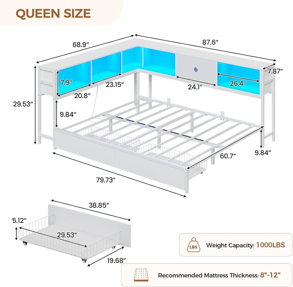 Hasuit Queen Corner Bed Frame with Storage Drawers and Bookcase Headboard, Queen Size Metal Platform Corner Bed Frame with Charging Station and LED Lights, Queen Daybed for Adults Teens Guests, White