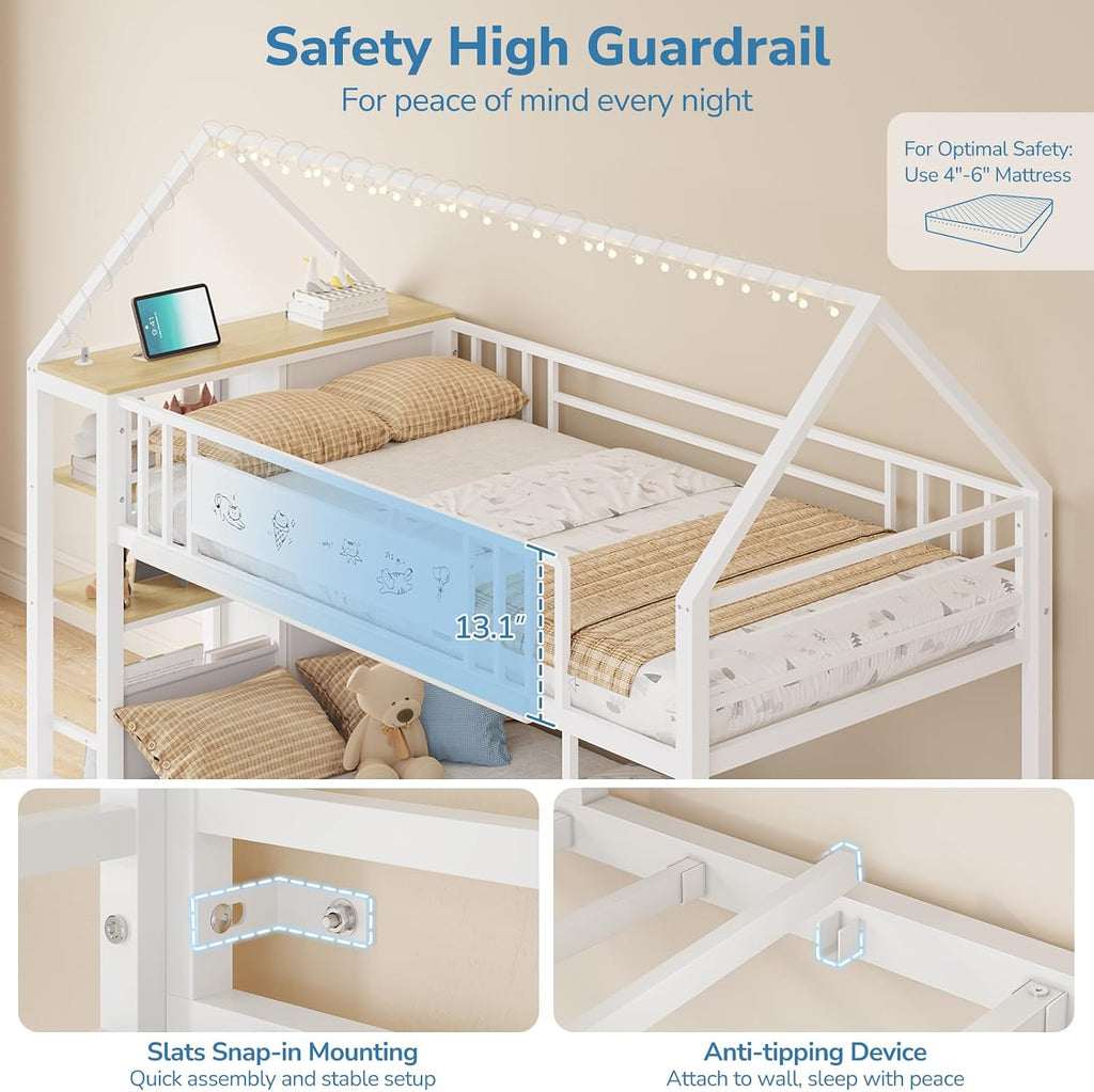 Twin Bunk Bed for Kids with 6 Storage Drawers, Montessori Bookshelf, House Shaped Bed with Globe String Lights and USB Ports, Metal Low Bunk Bed Twin Over Twin with Safety Guardrail and Ladder, White