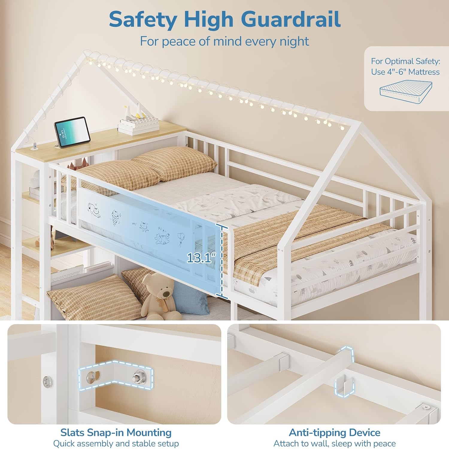 Twin Bunk Bed for Kids with 6 Storage Drawers, Montessori Bookshelf, House Shaped Bed with Globe String Lights and USB Ports, Metal Low Bunk Bed Twin Over Twin with Safety Guardrail and Ladder, White