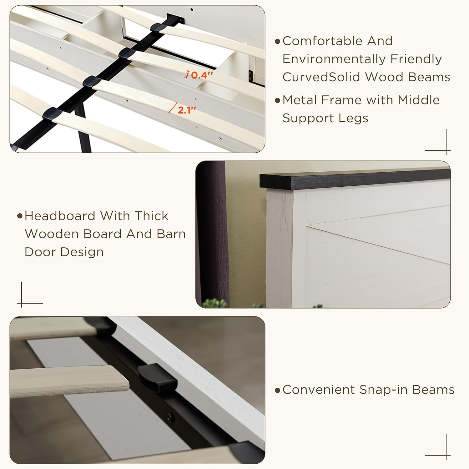 JXQTLINGMU Farmhouse Wood Bed Frame King Size with Sliding Barn Door Storage Cabinets and Headboard, Solid Wood Slats Support, Noiseless, No Box Spring Needed, Antique White