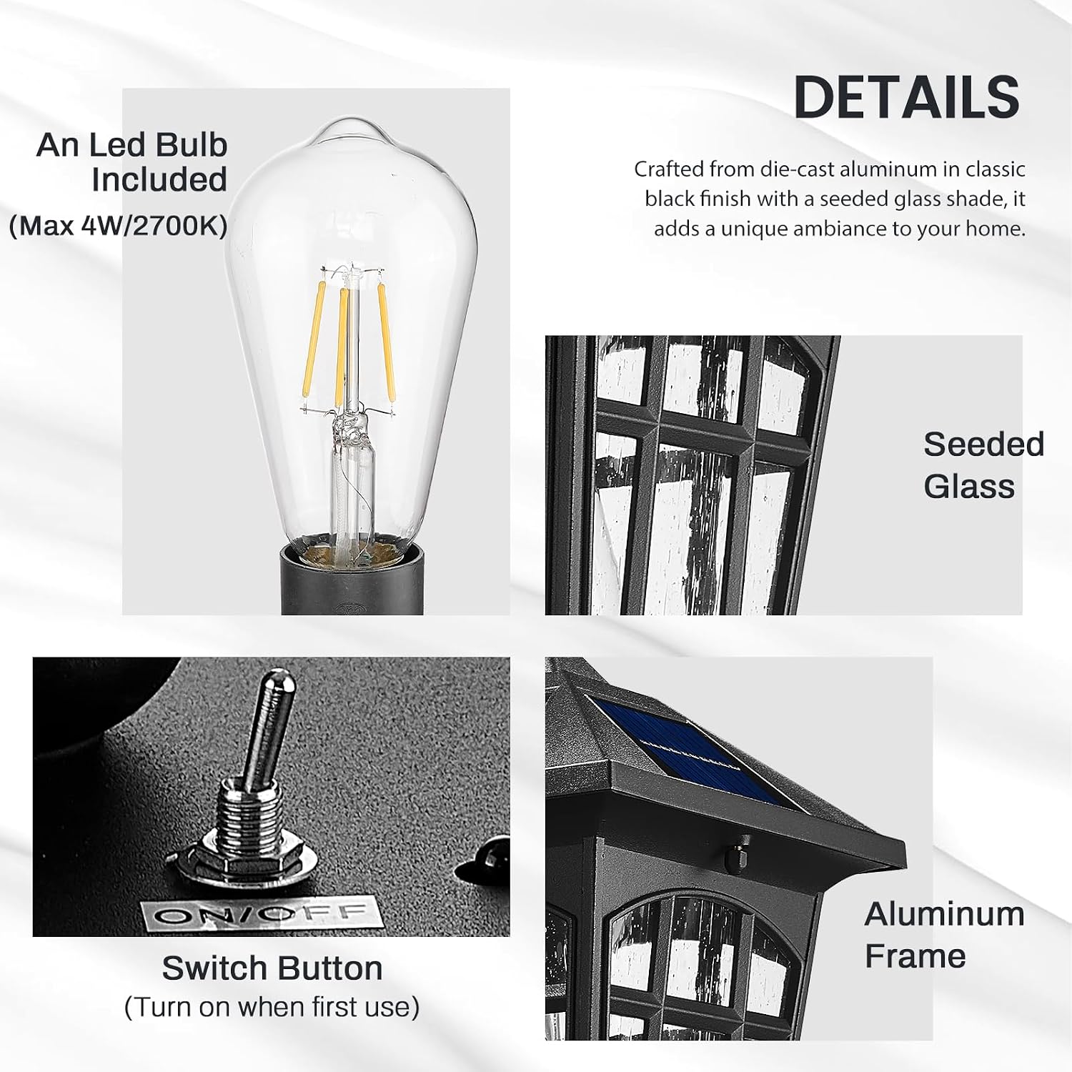 zeyu Solar Outdoor Front Porch Light, Large Outdoor Wall Mounted Light with Remote, Die-Cast Aluminum with Seeded Glass Shade, Black Finish, ZYX113B-M SL BK