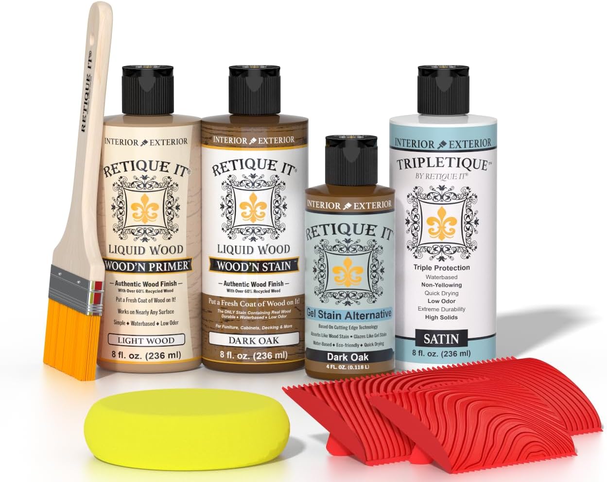 Retique It Wood Finish Tabletop Kit – GO Beyond Faux Wood with Paintable Liquid Wood Based Primer and Gel Stain - Graining Tools Included (Tabletop Kit, Dark Oak)
