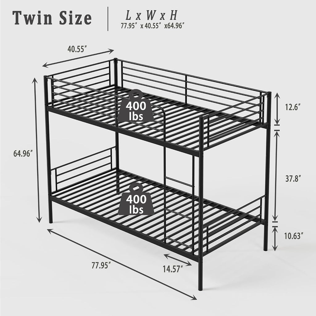 GOWE Bunk Bed with Ladder and high Guardrail, Able to Split, Metal Bunk Bed, Storage Space, Noise Free,Twin Over Twin Size,Black
