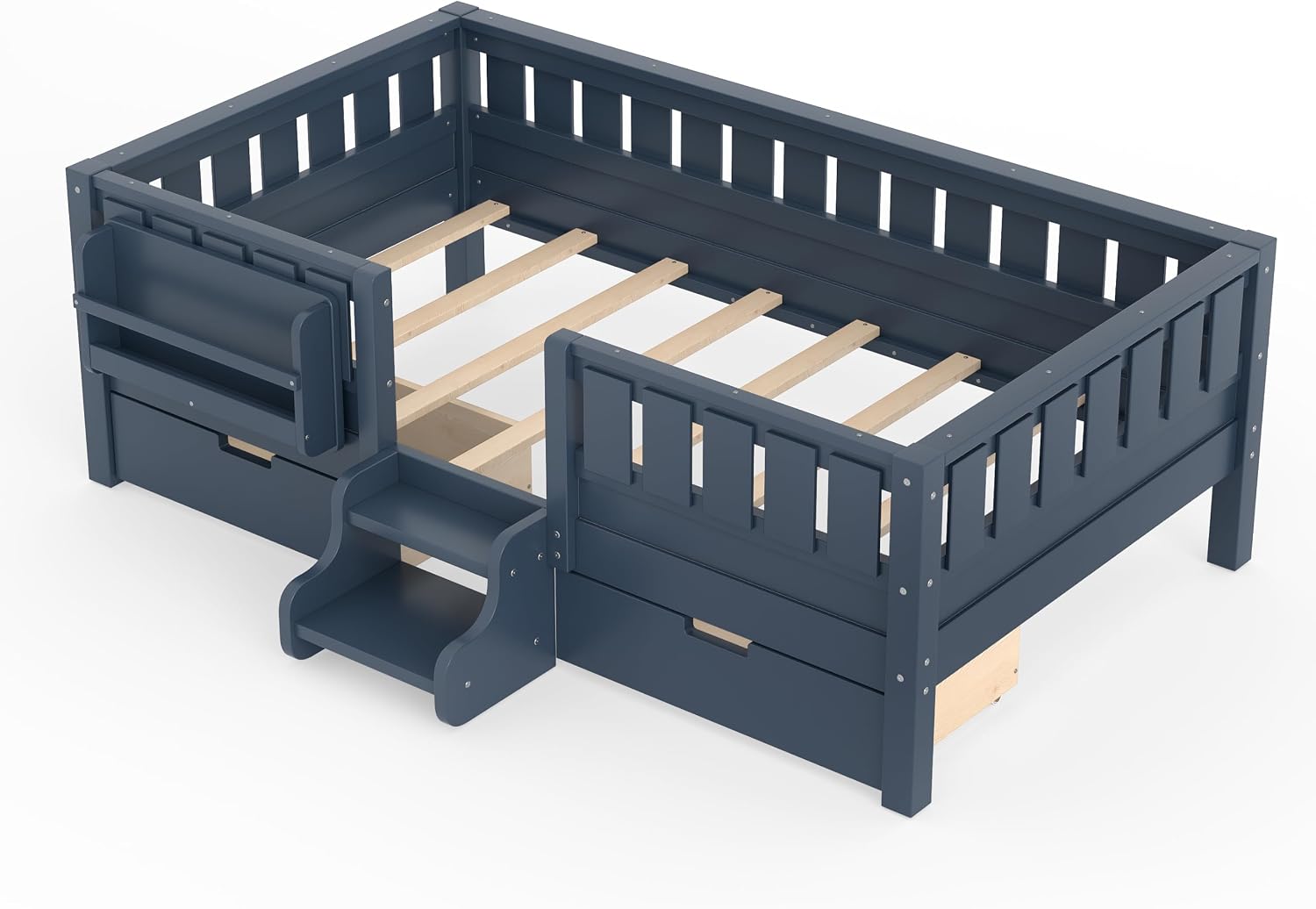 Bellemave Twin Kids Montessori Bed with Stairs, Bookshelf and Drawers, Solid Wood Kids Bed Frame with Storage for Boys Girls, Low Profile,Blue