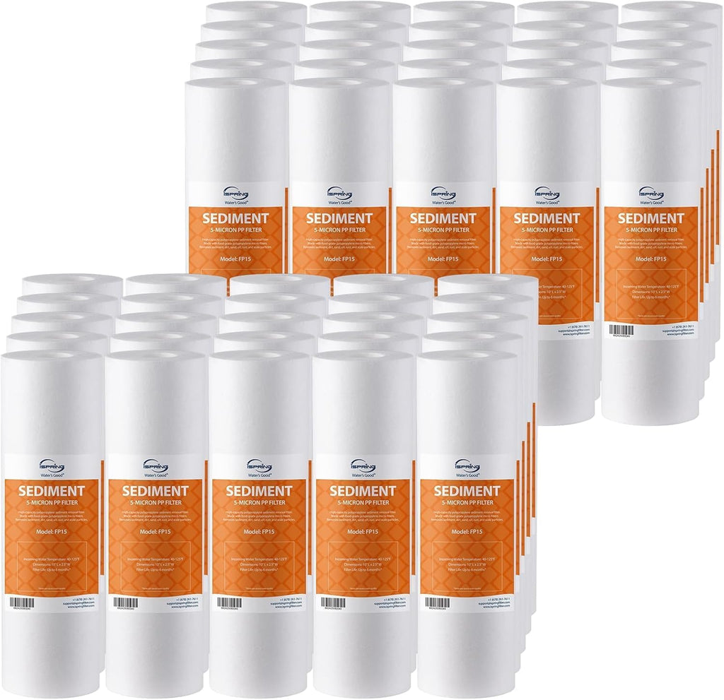 iSpring FP15X50-N, NSF Certified, 5 Micron 10'x2.5' Multi-layer Sediment Water Filter Cartridges, 50-Pack