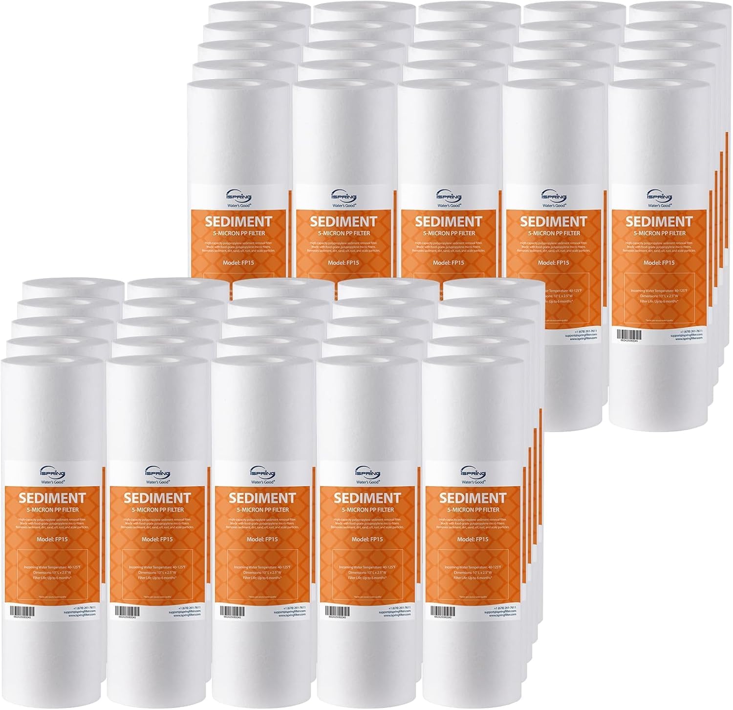 iSpring FP15X50-N, NSF Certified, 5 Micron 10'x2.5' Multi-layer Sediment Water Filter Cartridges, 50-Pack