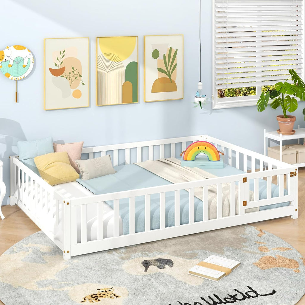 Giantex Full Size Floor Bed for Kids, Low Montessori Bed with Wood Slats & Safety Guardrails, Solid Wood Full Floor Beds with Fence and Door for Kids Boys Girls, White