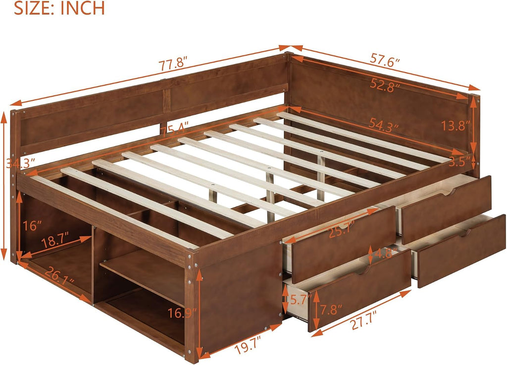 Full Size Daybed with 4 Pull-Out Drawers and 3 Functioning Shelves,Solid Wood Day Bed Frame with Wooden Slats Support for Bedroom,No Box Spring Required (Walnut-AB41)