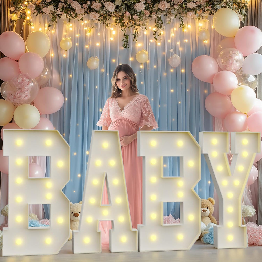 3FT/4FT Baby Letter Light, Mosaic Letter Decor with Light String & Balloon Frame, Cute Vivid Ornament for Baby Shower, Gender Reveal, Boys Girls Kids Birthday Party