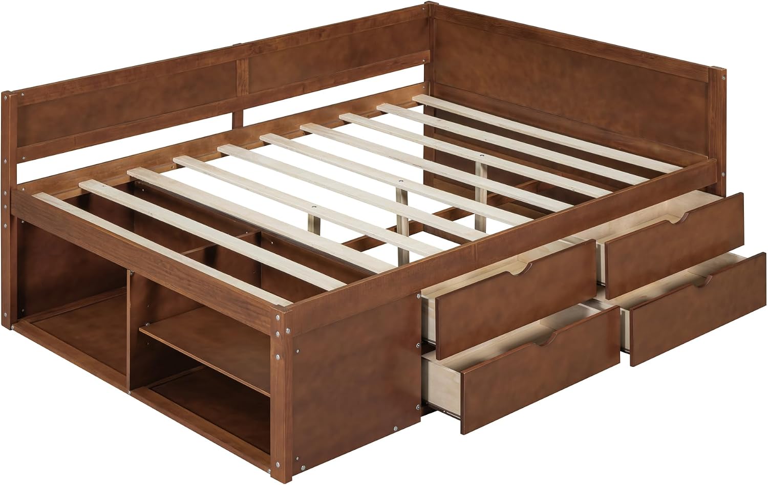 Full Size Daybed with 4 Pull-Out Drawers and 3 Functioning Shelves,Solid Wood Day Bed Frame with Wooden Slats Support for Bedroom,No Box Spring Required (Walnut-AB41)