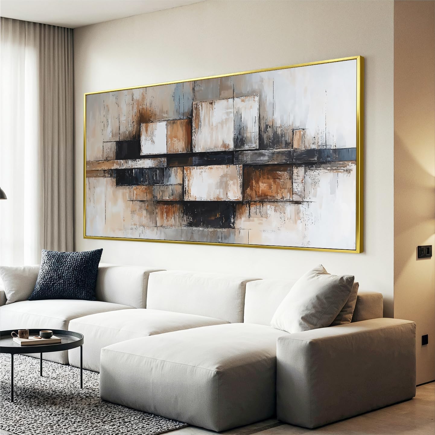 Modern Abstract Geometric Oversized Wall Art Decor For Living Room Modern Abstract Beige And Black Wall Art Geometric Decorations Prints Wall Art For Bedroom And Office Gold Frame Wall Decor 29 X 58In