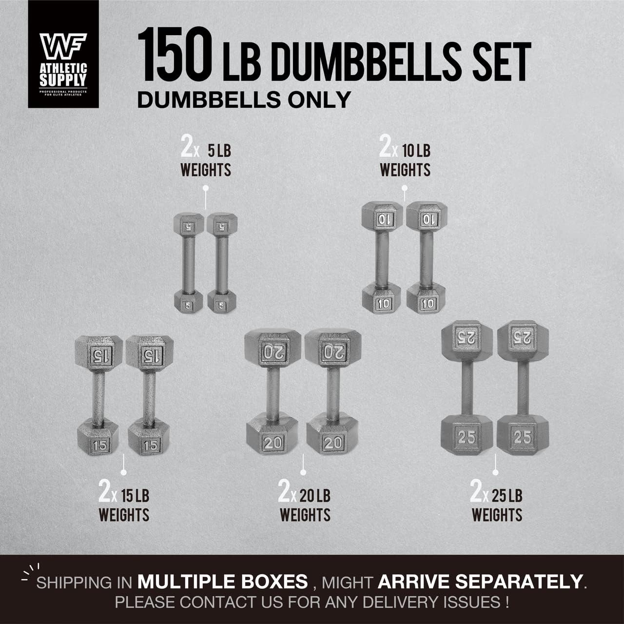 WF Athletic Supply Cast Iron Dumbbell Set, Solid Hexagon Grey Dumbbell Set, Strength Training Free Weights for Women & Men