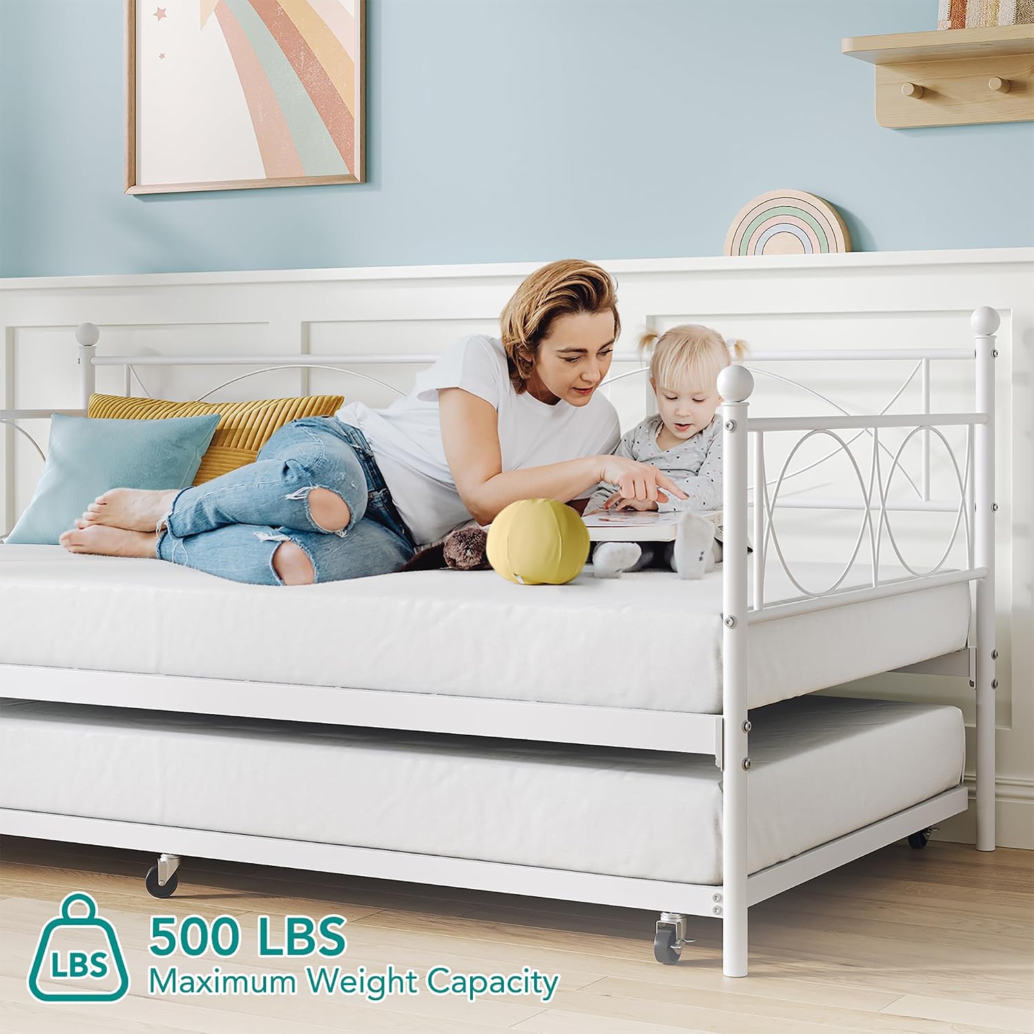 IDEALHOUSE Twin daybed with Trundle, Metal Twin Daybed and Trundle Set, Day Bed Sofa Bed Frame with Steel Slat Support, Multifunctional Daybed Frame for Bedroom (Modern - White)