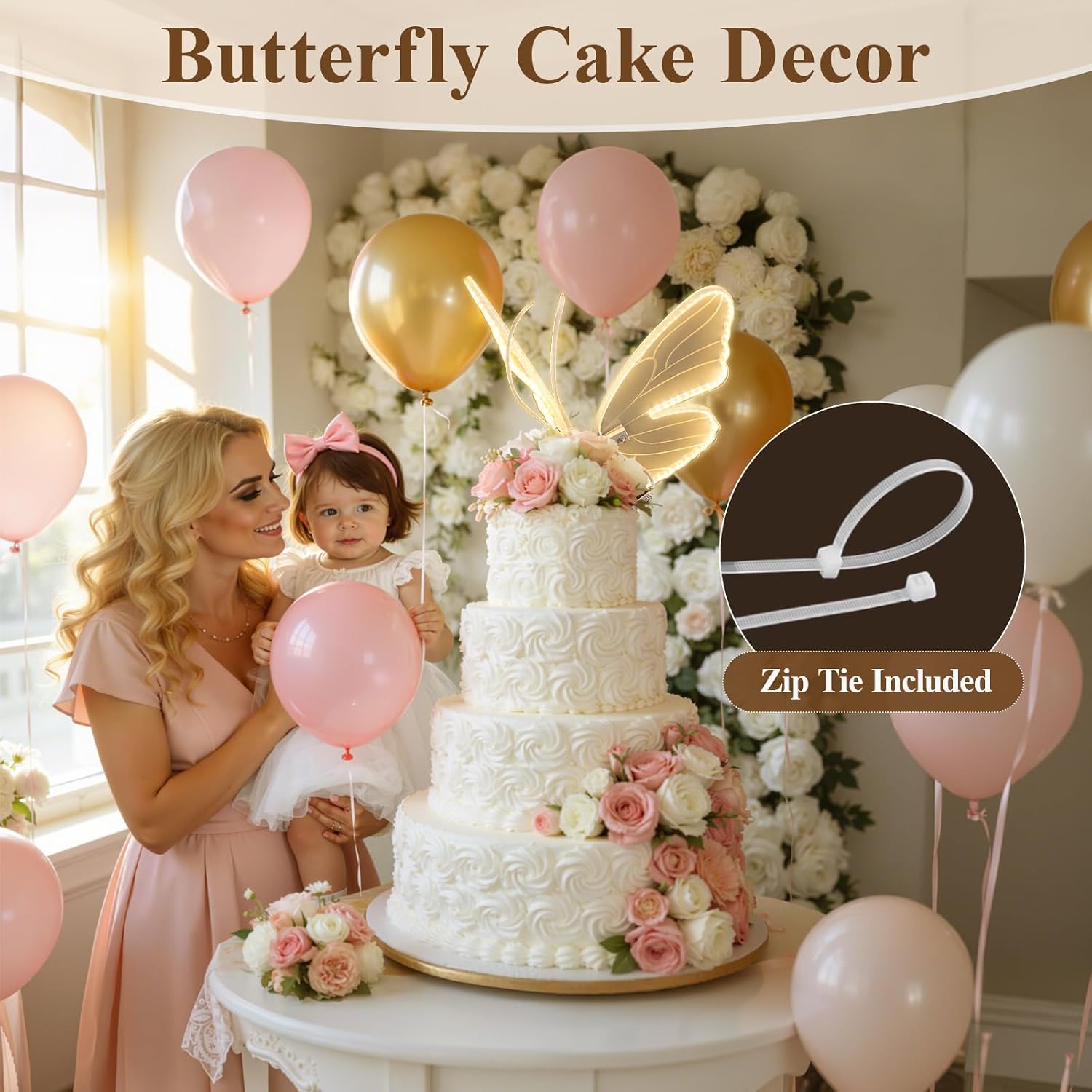 LED Moving Butterfly Light Decoration: Electric Wings Lamp for Wedding - Light Up Table Centerpiece & Wall Decor with Movement - Tying for Birthday Cake Party Baby Shower Christmas Tree (2, 9.8 inch)