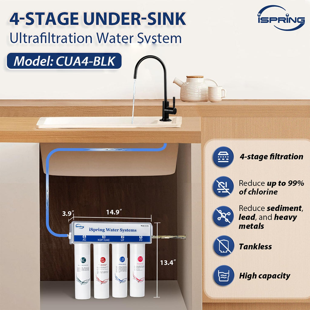 iSpring CUA4-BLK 0.01 Micron Ultra Filtration Under Sink Water Filter System, High Capacity Tankless 4-Stage Ultrafiltration Water Filter, Removes 99.99% Contaminants, Quick Filter Change with Faucet