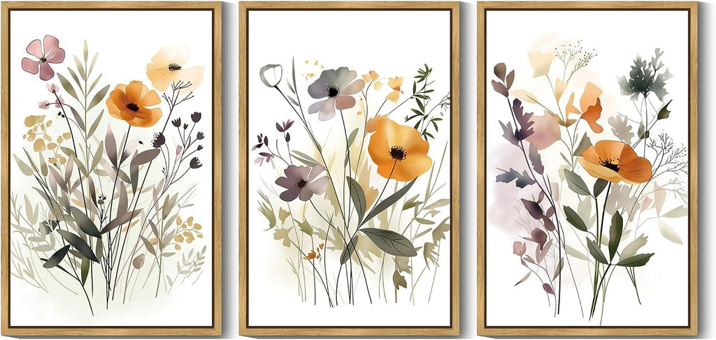 KUVIOKE Wildflower Bouquet Framed Wall Art Modern Flower Botanical Pictures Illustrations Colorful Floral Hanging Bedroom Dining Living Room Decor 24x36in (Natural Framed)