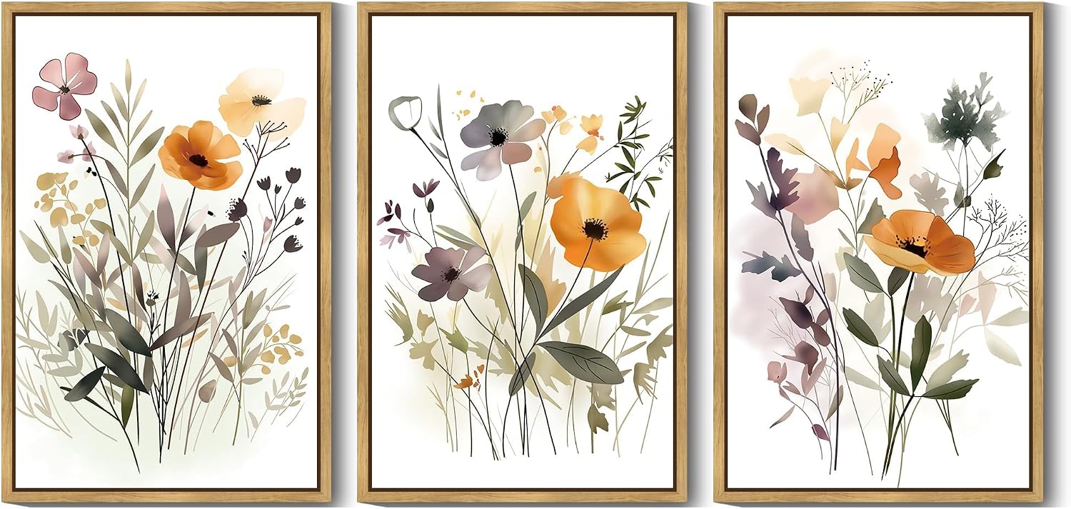 KUVIOKE Wildflower Bouquet Framed Wall Art Modern Flower Botanical Pictures Illustrations Colorful Floral Hanging Bedroom Dining Living Room Decor 24x36in (Natural Framed)