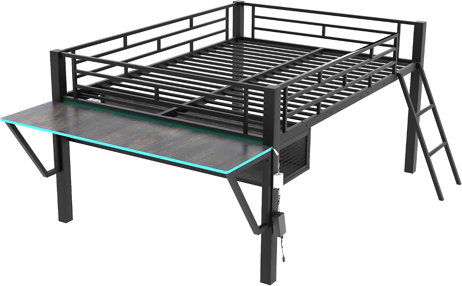 Modern Gaming Mid Loft Bed with Built-in LED Lights & Large Desk, High Sleeper Twin Size Bed with PC Gaming Setup for Teenagers, Space-Saving Furniture for Small Room (Black + Full)