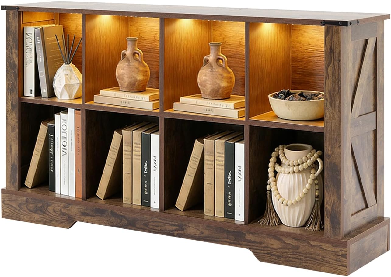 8 Cube Storage Organizer, Wood Cube Bookshelf with LED Lights, Horizontal Storage Cubes, Kids Bookshelf, Display Cabinet Cubby Shelf for Living Room Home Office Bedroom，Brown